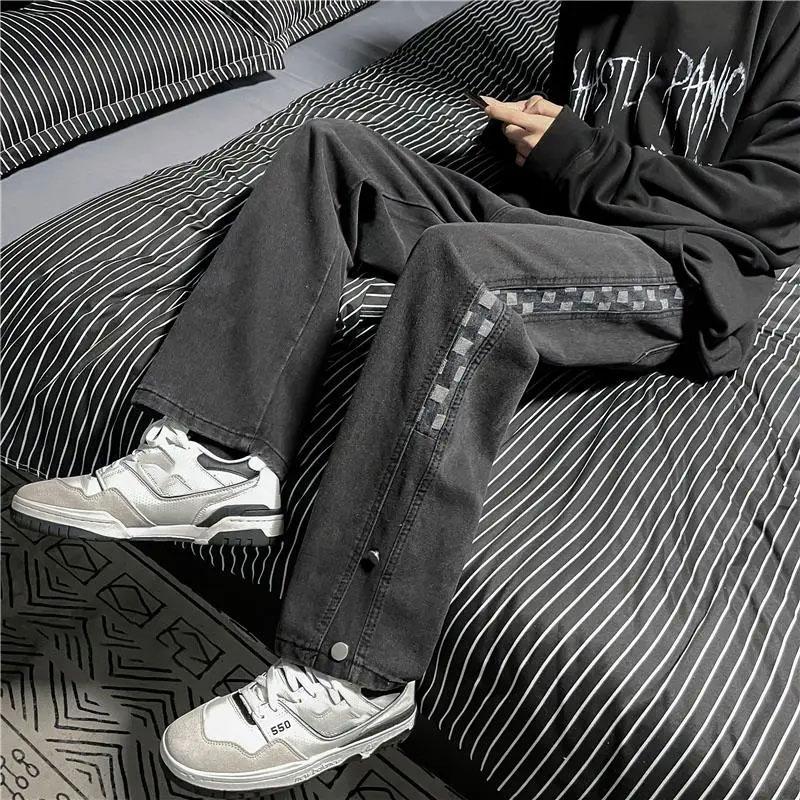 Men's Loose Straight Wide-leg Pants Autumn Ins Plaid Stitching Jeans Pendant Long Pants