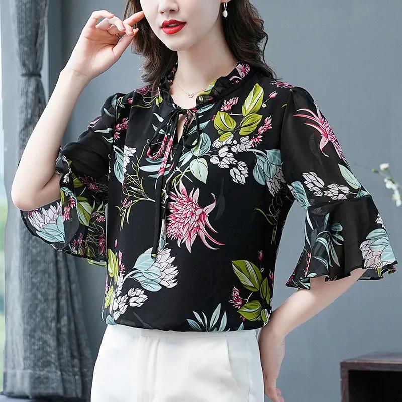 M-6XL Women's Spring Large Size Printing Tops Female Summer Loose Casual Short Sleeve Blouses