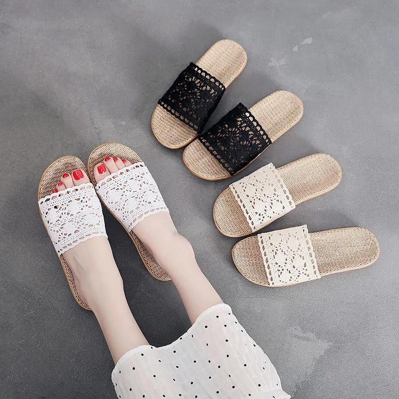 Lace Home Linen Slippers Four Seasons Summer Women's Indoor Non-slip Household Wooden Floor Mute Small Fragrance Sandals and Slippers