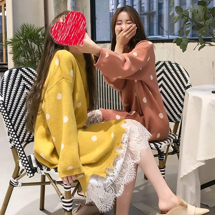 Pofulove Women Loose White Dot Sweater Dress Girly Long Section O-neck Lace Knitted Skirt Pullover
