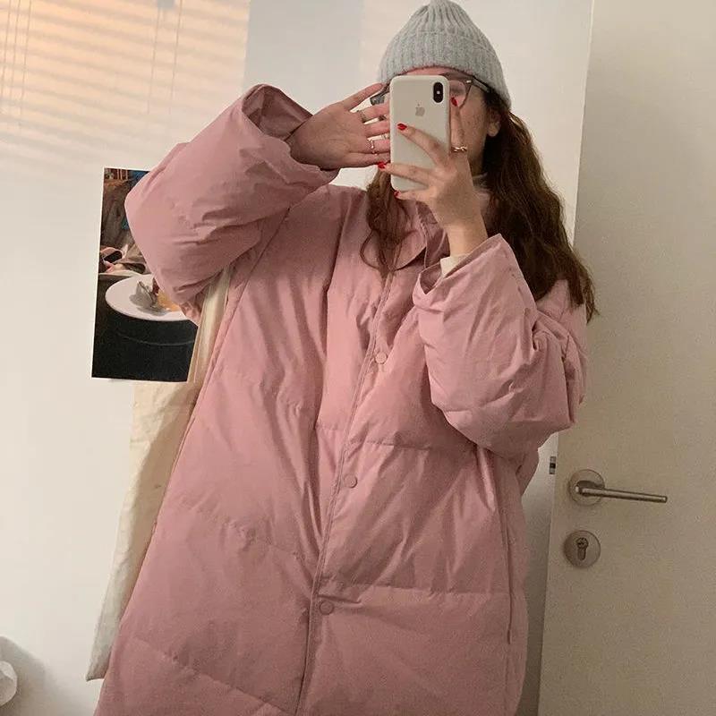 Pink Long Down Padded Jacket Women Loose Warm and Thick Mid-length Padded Jacket Bread Jacket