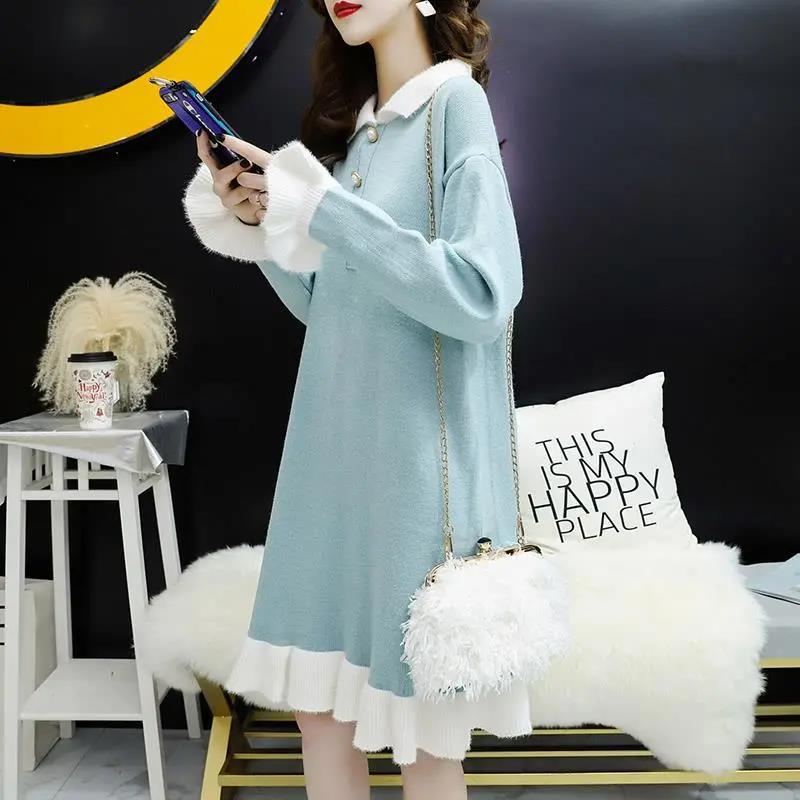 Sweater Skirt Mid-length Autumn and Winter Loose Knitted Dress Doll Collar Jacket Women Winter Knit Sweater Women Sweet and Cute