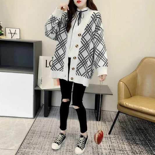 Autumn and Winter Lazy Style Long Sleeve Sweater Korean Loose V-neck Sweater Loose Jacket