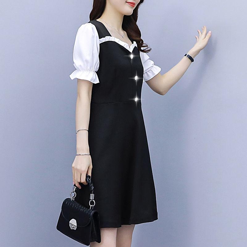 Women's High-elastic Short-sleeved Summer Fake Two-piece Waist Large Size Temperament Dress