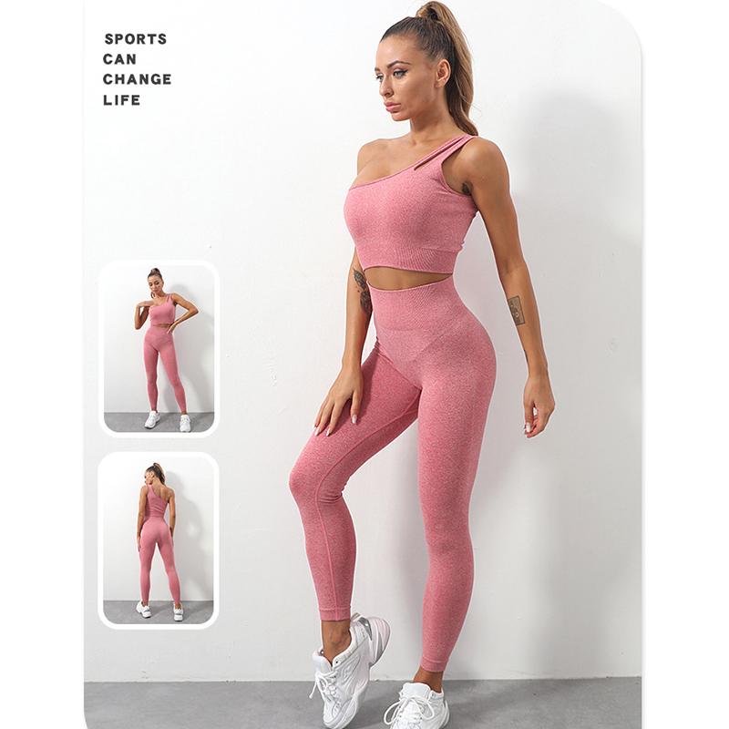Women's Yoga Wear Sports Suit One Shoulder Vest Sports Bra Tight Pants Solid Color Gym Running Fitness Suit Tracksuit Active Athletic Clothing Sets