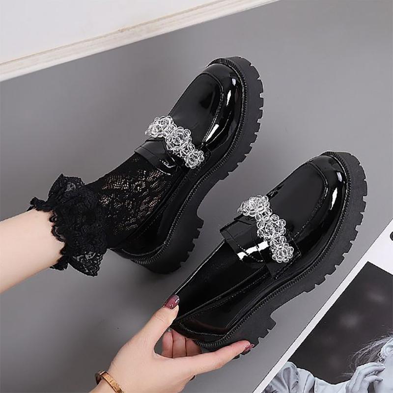 Thick-heeled Small Leather Shoes Round Toe Black Solid Color Loafers British Style Casual Shoes All-match Lazy Shoes
