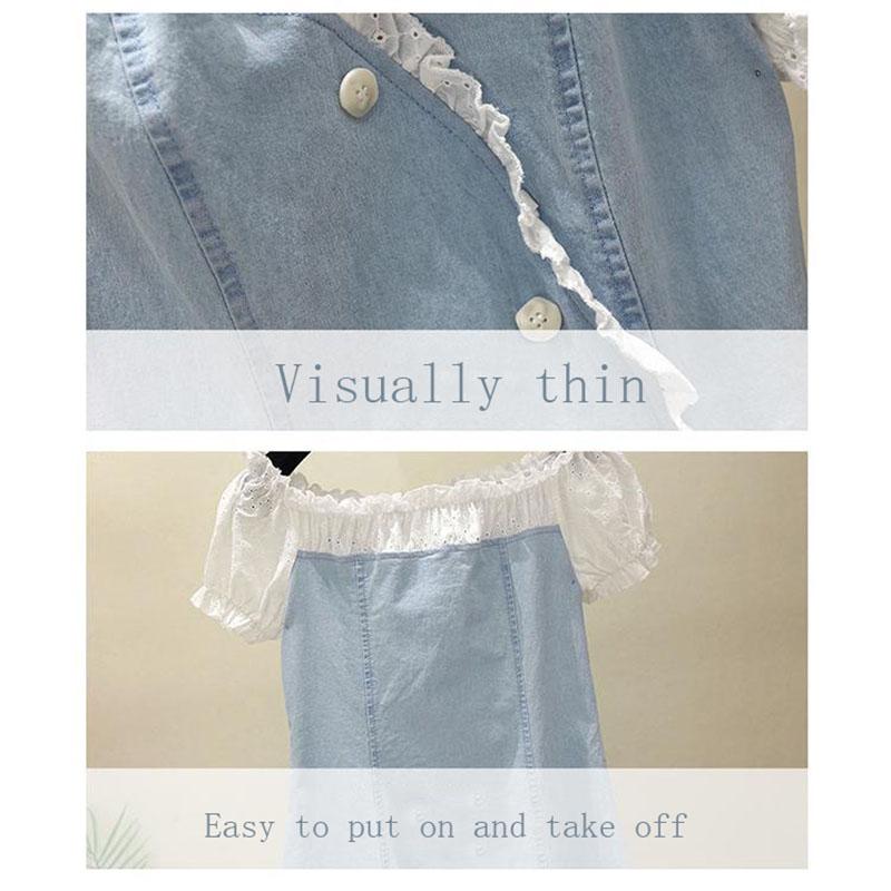 Fashion Lace Stitching One-shoulder Denim Dress Buttoned A-line Skirt Small Summer