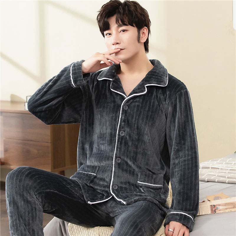Autumn and Winter Men's Pajamas Thickened Plus Velvet Warm Pajamas Men's Long-sleeved Home Wear Plus Size