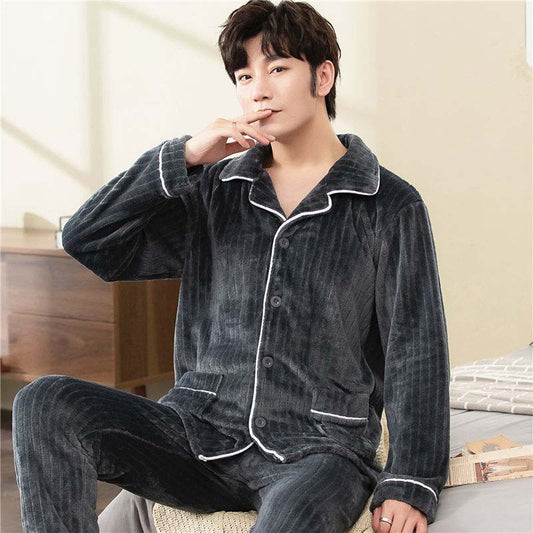 Autumn and Winter Men's Pajamas Thickened Plus Velvet Warm Pajamas Men's Long-sleeved Home Wear Plus Size
