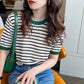 Ice Silk Short-sleeved Knitted Sweater Women's Thin Striped T-shirt Bottoming Summer Half-sleeved Short Top