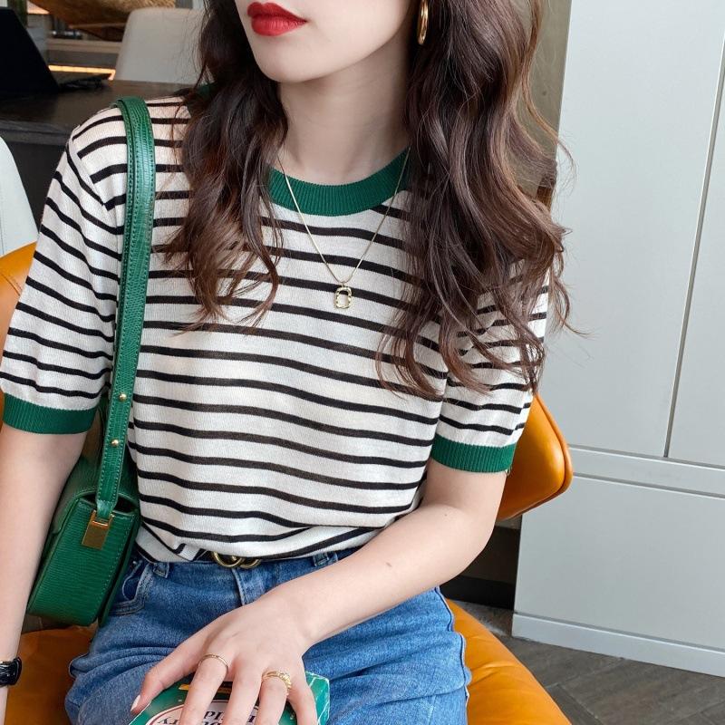 Ice Silk Short-sleeved Knitted Sweater Women's Thin Striped T-shirt Bottoming Summer Half-sleeved Short Top