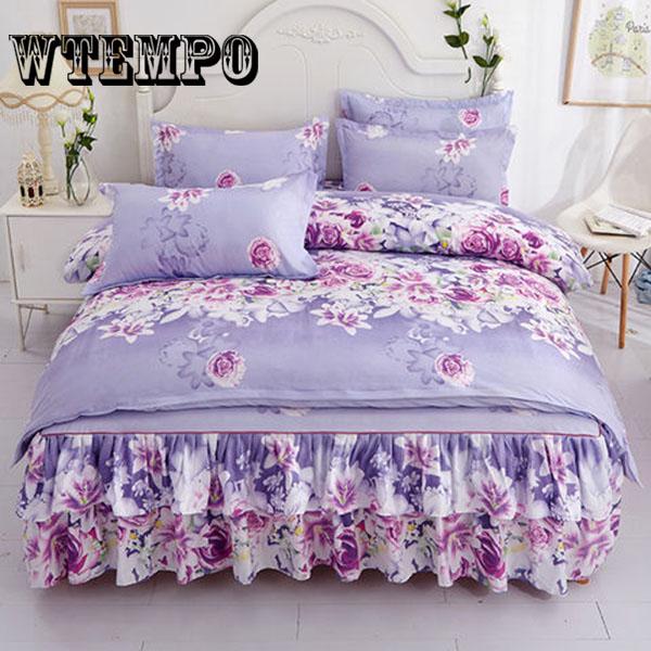 Bed Skirt Queen Size Single-Layer Skin-Friendly Cotton Bedspread 4PCs Set Includ