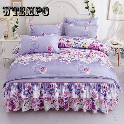 Bed Skirt Queen Size Single-Layer Skin-Friendly Cotton Bedspread 4PCs Set Includ