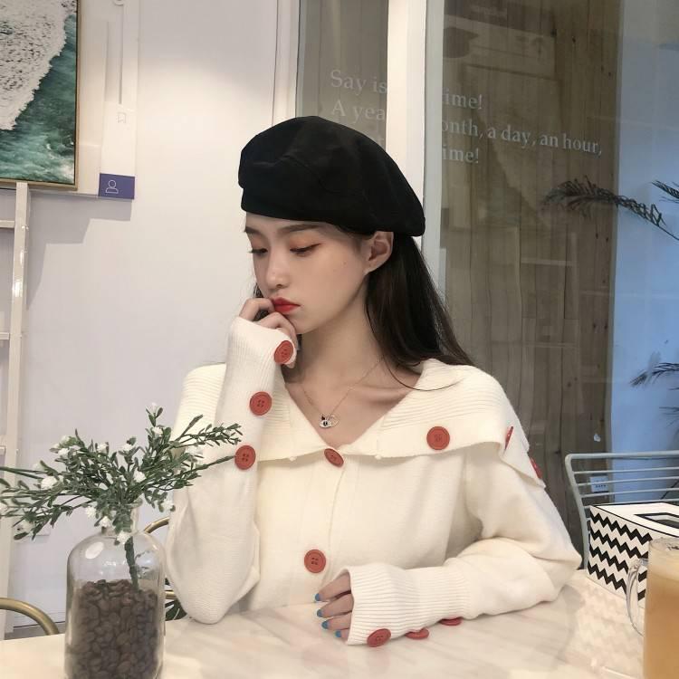 Pofulove Winter College Wind Irregular Strapless Navy Collar Loose Long Sleeve Knit Sweater