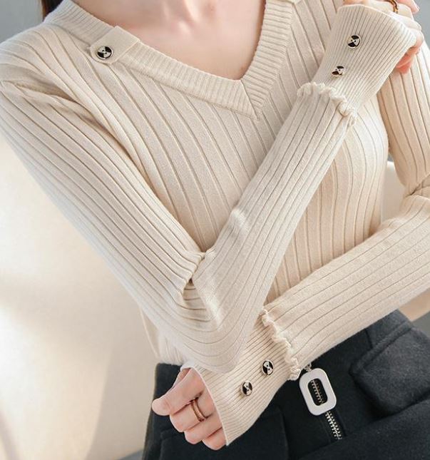Women's V-Neck Knit Sweater Fashion Slim Solid Color Sweater Outer Wear Pullover