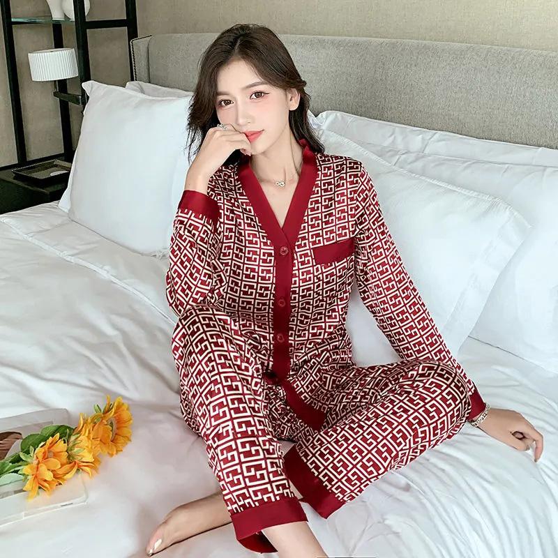 Women's Spring Autumn Red Pajamas Set Silk Long-sleeved V-neck Shirt Pants Two-piece Set Out Wear Large Size Loose Thin Homewear Luxurious Nightgowns