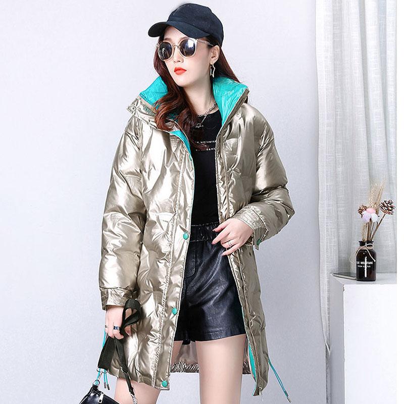 Shiny Winter Jacket Women Mid-length Stand-up Collar Thick Warm Loose  Padded Jacket Windproof Drawstring Ladies Coats