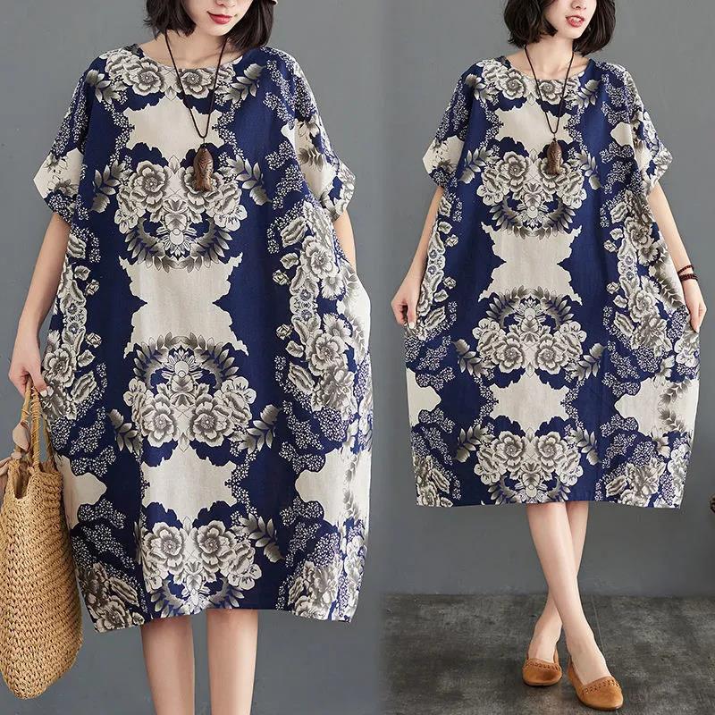 WTEMPO Plus Size Ladies Dress Summer Batwing Sleeve Round Neck Printed Dress Knee-length Length Loose and Comfortable