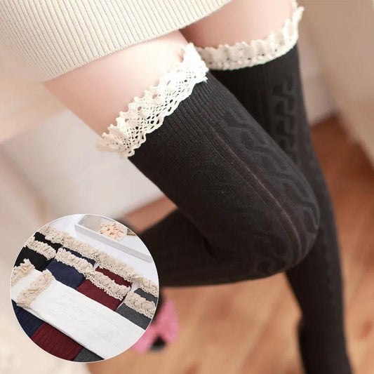 Slim Lace Lace Knee Sock  Female College Vesicle Flower Vertical Bowl Socks High Stockings  Leg Warmers