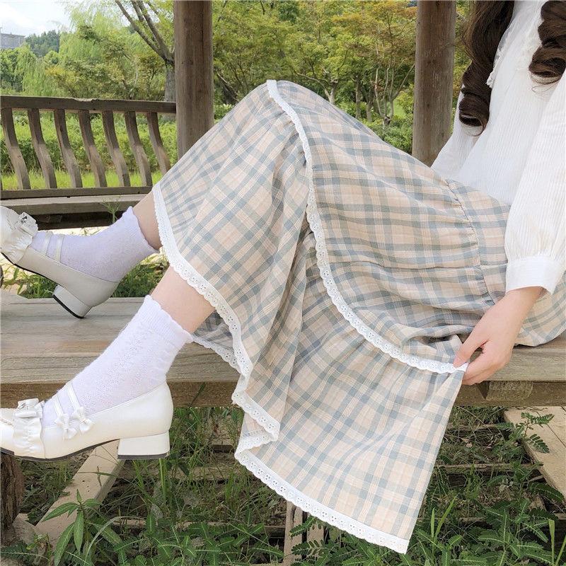Lace Folds Plaid Skirt Girls Women High Waist A-line Mid-length Half Skirt Thin Daily Student School