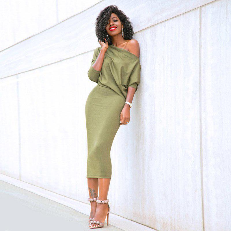 2019 Women Sexy Summer Vintage Off Shoulder Mid-calf Dress Three Quarter Sleeve Bodycon