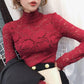 Autumn Spring Half High Neck Red Lace Bottom Blouse Sexy Hollow Out Long Sleeve Slim Pullover Shirt