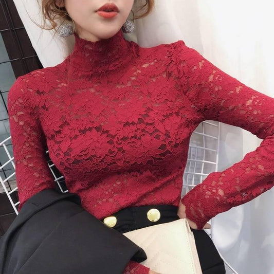 Autumn Spring Half High Neck Red Lace Bottom Blouse Sexy Hollow Out Long Sleeve Slim Pullover Shirt
