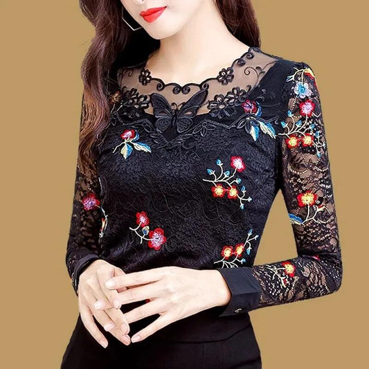 Women's Spring and Autumn Slim Print Round Neck Bottoming Shirt Top Long-sleeved Shirt
