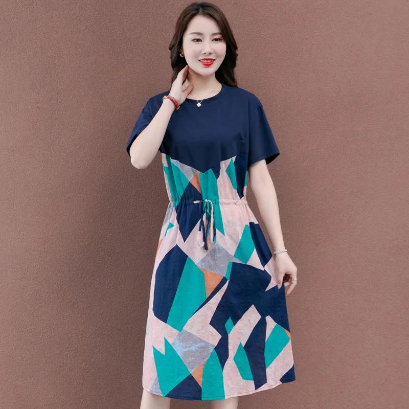 Fashion Summer Maxi Dress Women's Printed Sundress Casual Short Sleeve Female High Waist Robe