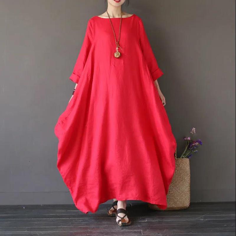 S-XXXXXL Summer Cotton and Linen 3/4 sleeved Full Length Large Size Loose Casual Solid Color Dress