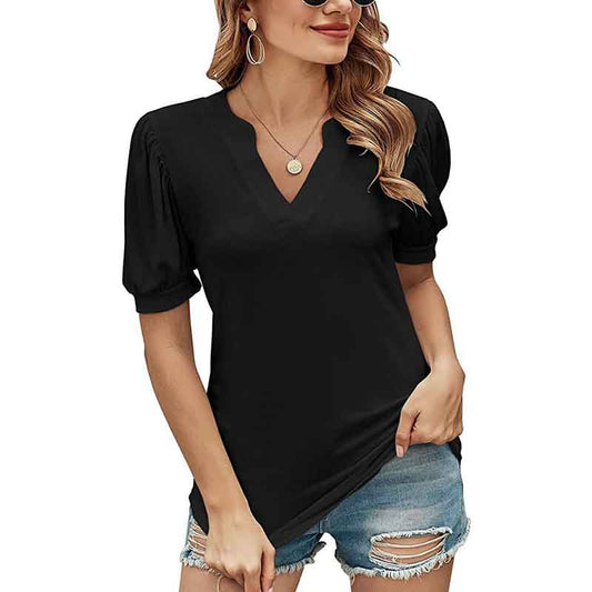 T-shirt Ladies Top Summer Casual V-neck Solid Color Puff Sleeve Loose T-shirt Shirt