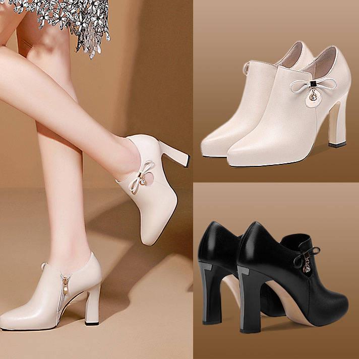 High-heeled  Female Thick with Bare Pointed Martin Winter Head Layer Cowhide Boots