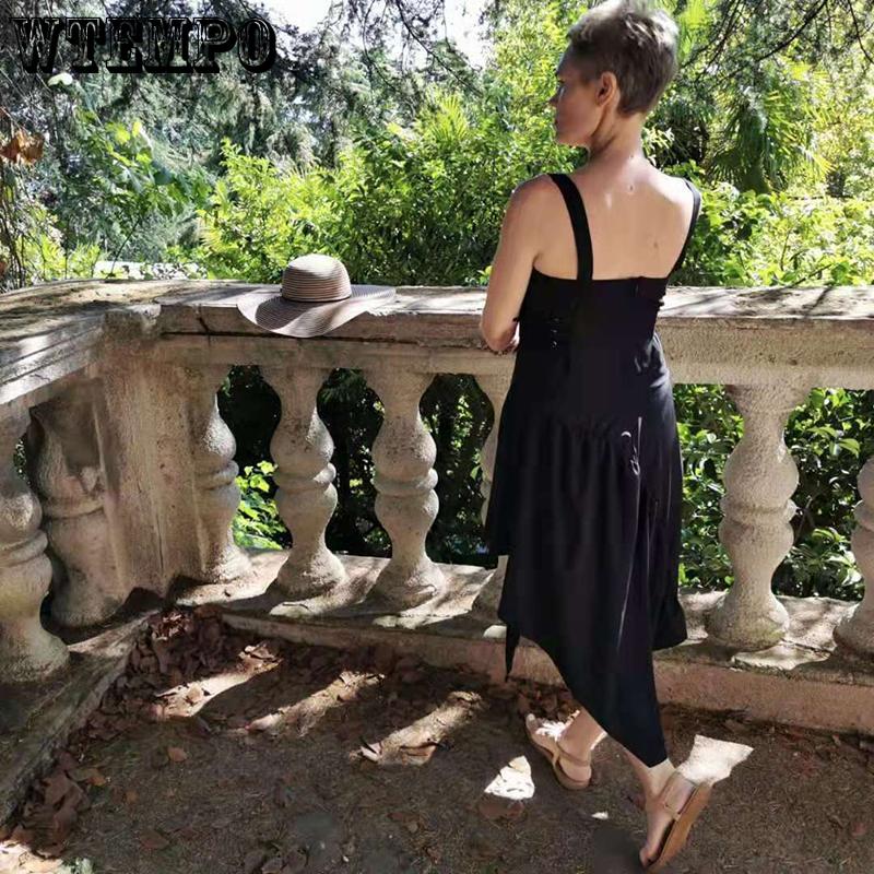 Split Irregular Black Dress Sexy Women Summer Sling Sleeve Backless Night Club Party Bodycon Hipster Dress Bandage Adjustable Shoulder Strap