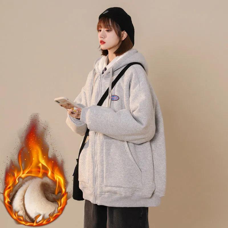 Zipper Cardigan Lamb Plush Hooded Sweater Plus Velvet Thick Winter Loose Jacket Casual Top Comfortable Sports Top Warm Cotton Clothes