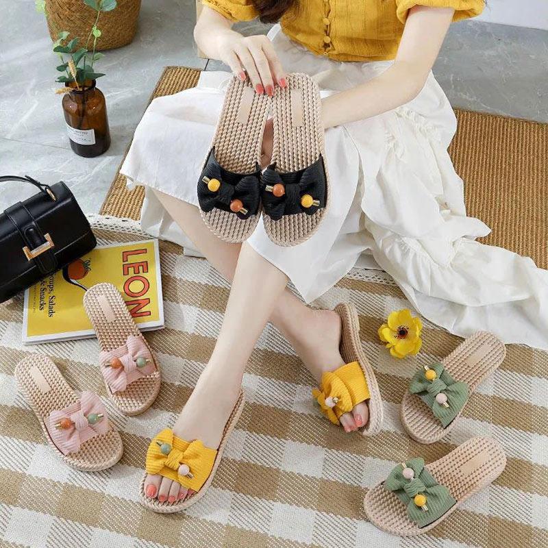 Slippers Women's Summer Outing Wear Bowknot Flip-Flops Tendon Flat-Bottom Soft Non-slip Home Pregnant Women Beach Slipper