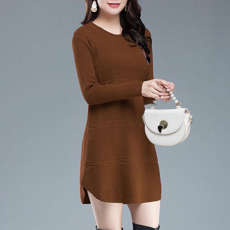 Autumn Winter Knit Casual Dress In Pure Color Long Sleeve Bottom Skirt Simple Middle-aged Women Wool Dress