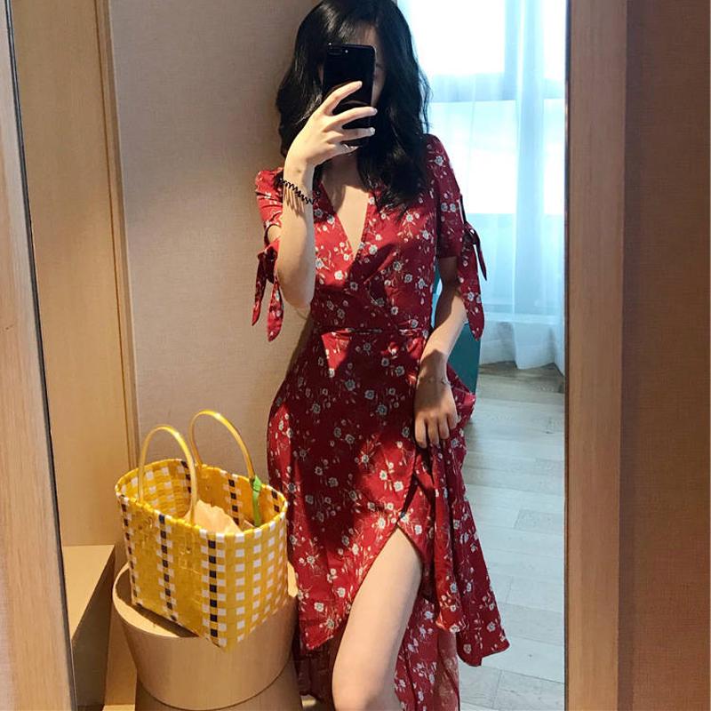 Summer Women Ruffled Split V-collar Short Sleeve Dress Floral Prints Irregular Holiday Vestidos