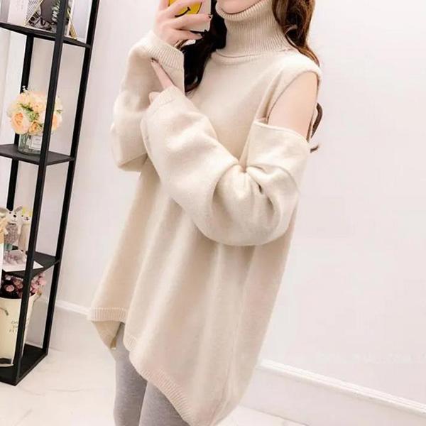 Off-the-shoulder High-neck Careful Machine Sweater Women Autumn and Winter Loose Tops, Fashionable Casual Coat