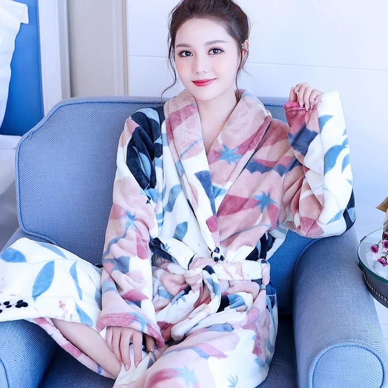 Winter Ladies Cashmere Home Clothes Warm Pajamas Homewear Quick-drying Bathrobe Robe Coat Long