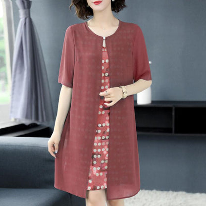 Ladies Dress Round Neck Large Size Loose Fake Two-piece Dress Chiffon Skirt Middle-aged Mother