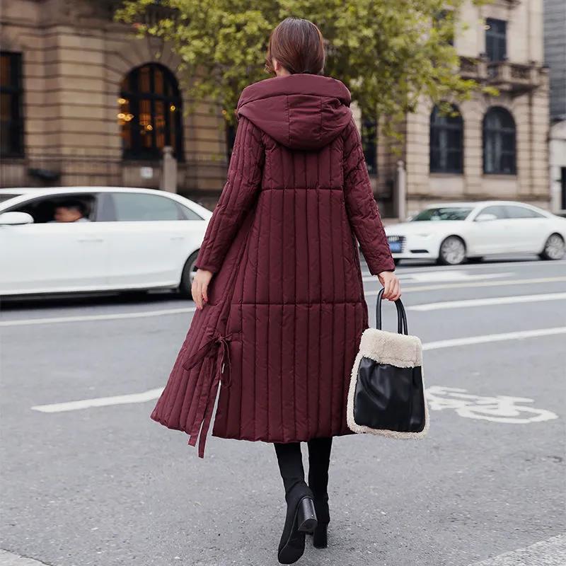 Winter Women's Down Jacket Retro Folk Style Thick Warmth Long Padded Hooded Over-the-knee Windbreaker Jacket