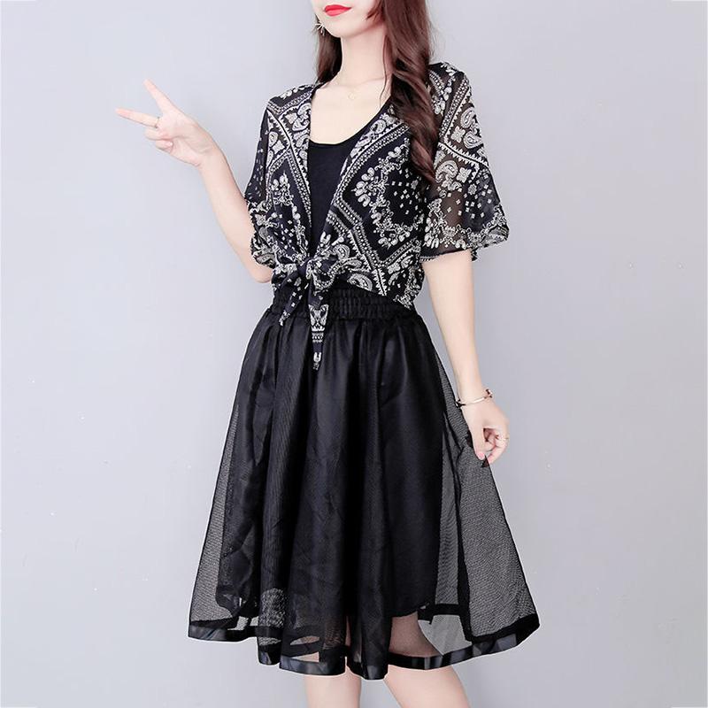 Printing Chiffon Shawl Coat Top Can Be Fitted with Suspender Skirt Women Summer Thin Sun Protection Clothing Short Cardigan