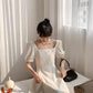Women's Summer Simple French Retro Elegant Gentle Square Neck Bubble Sleeve Waist Long Solid Color Dress