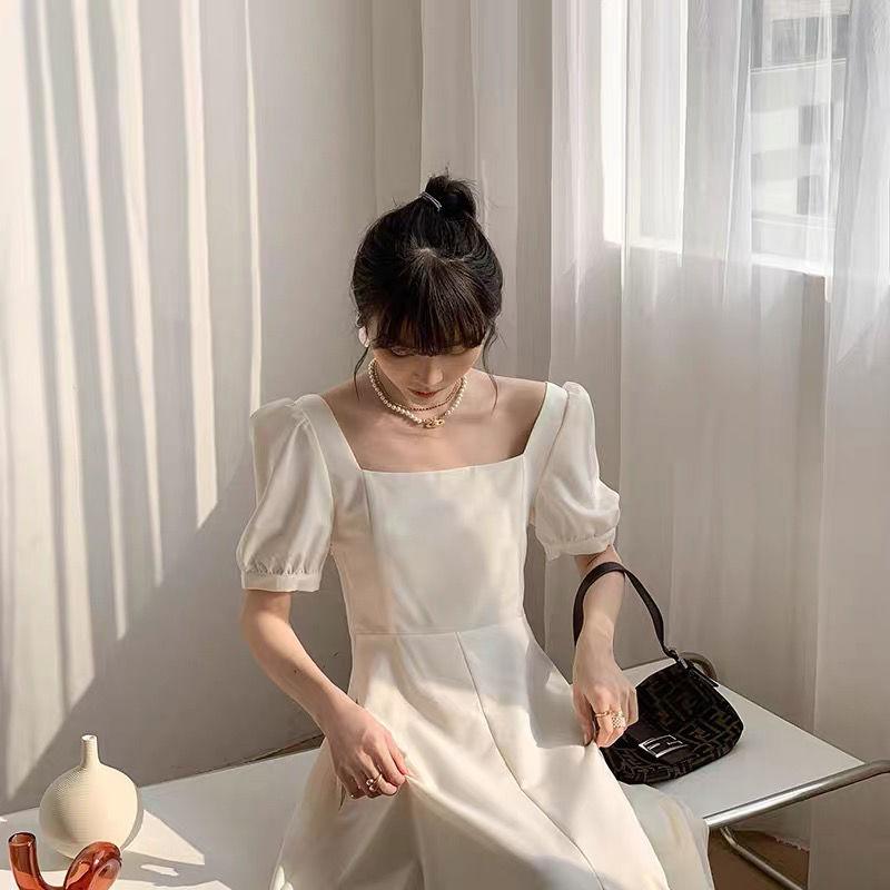 Women's Summer Simple French Retro Elegant Gentle Square Neck Bubble Sleeve Waist Long Solid Color Dress