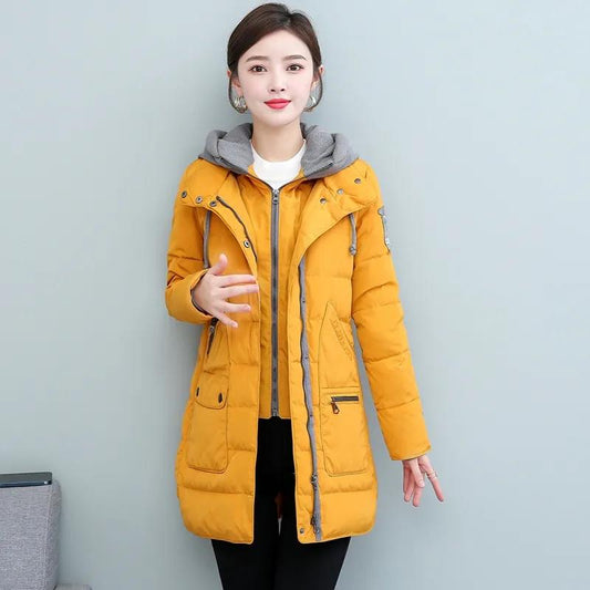 Mid-length White Duck Down Jacket Women Fashion Self-cultivation Knit Hat Fake Two-piece Winter Jacket