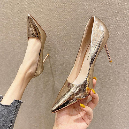 Spring Autumn Pointed Toe French Girl Silver High Heels Women Stiletto All-match Patent Leather Single Shoes