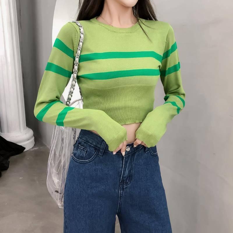 Pofulove Sexy Slim Waist Round Neck Pullover Short Striped Sweater Women Open Navel  Knitwear