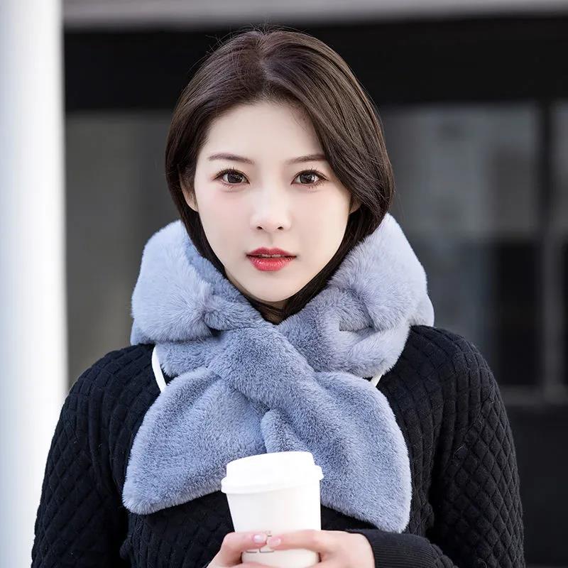 Women Plus Velvet Hat Rabbit Scarf Bow Set One Piece Fake Collar Winter Windproof Hooded Cold-proof Plush Padded Collar Warm Ear Protection Caps