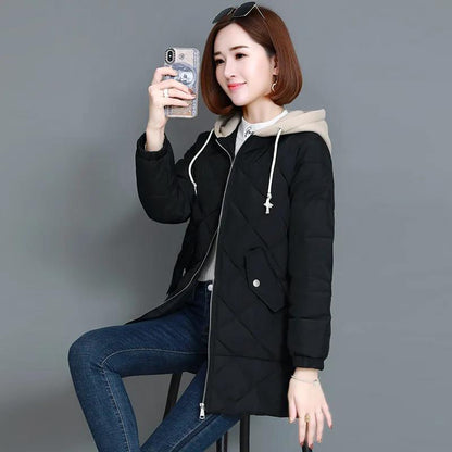 Winter Down Jacket Women's Korean Fashion Cotton Jacket Mid-length Hooded Thick Plus Size Down Jacket