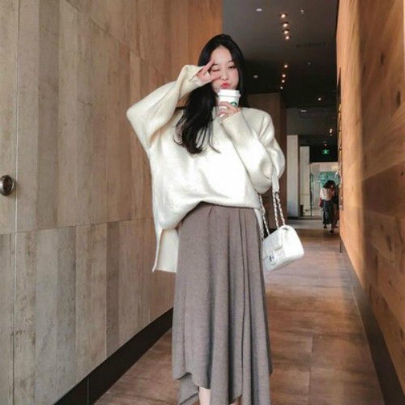 Pofulove lazy wind pullover sweater women autumn and winter loose students mid-length sweater